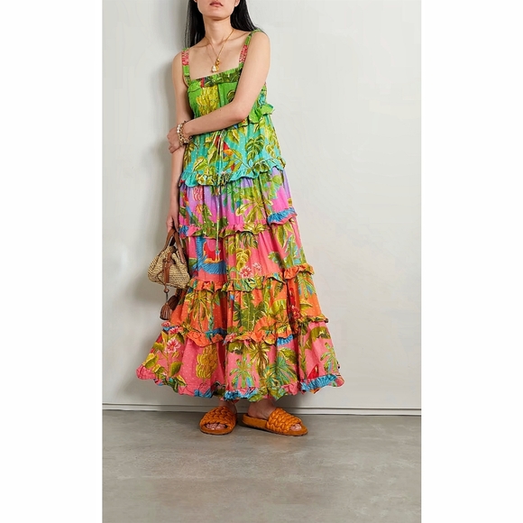 Farm Rio Anthropologie Ombre Forest Tiered Ruffle Beaded Maxi Dress - Picture 5 of 8